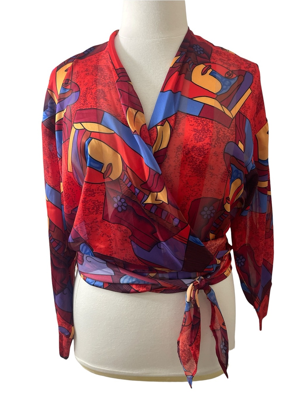 Art to Wear AKIRA Red Multicolor Abstract Chiffon Wrap Long Sleeve Blouse